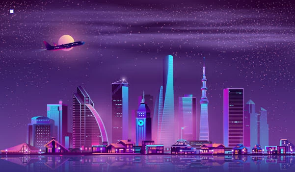 未来科技科幻霓虹灯渐变绚丽城市建筑夜景灯光插画AI/PSD设计素材100套【088】
